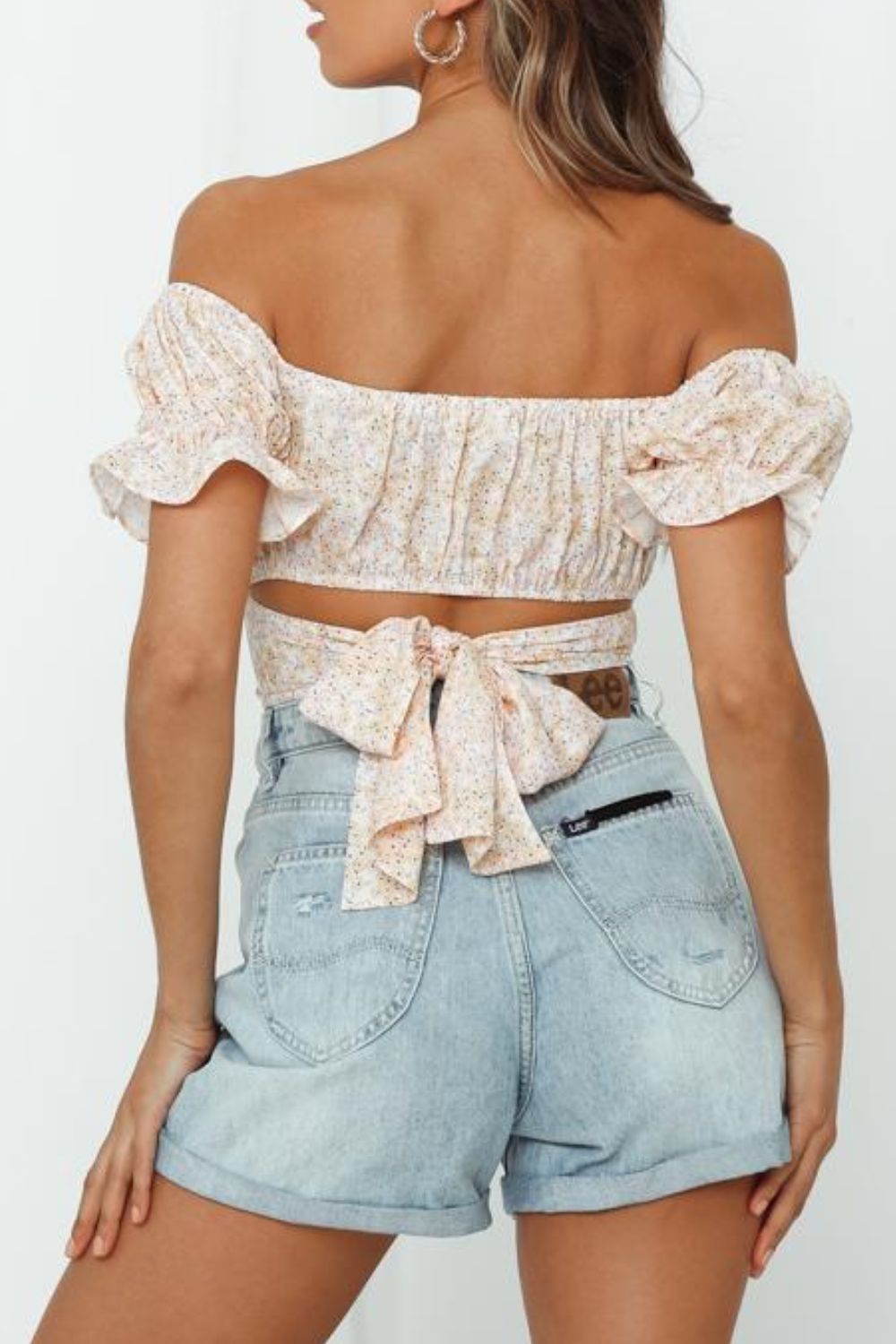 Flower Print Ruffle Trim Off-Shoulder Back Tie Blouse The Stout Steer