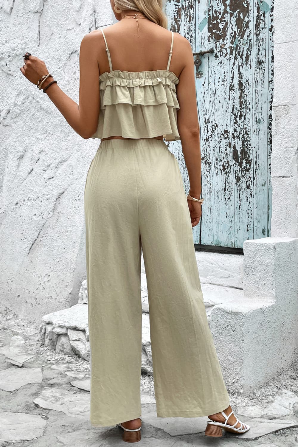 Frill Trim Cami and Wide Leg Pants Set The Stout Steer