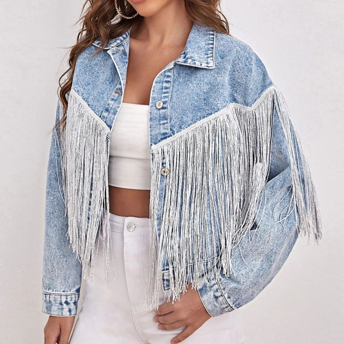 Fringe Detail Collared Neck Long Sleeve Denim Jacket The Stout Steer