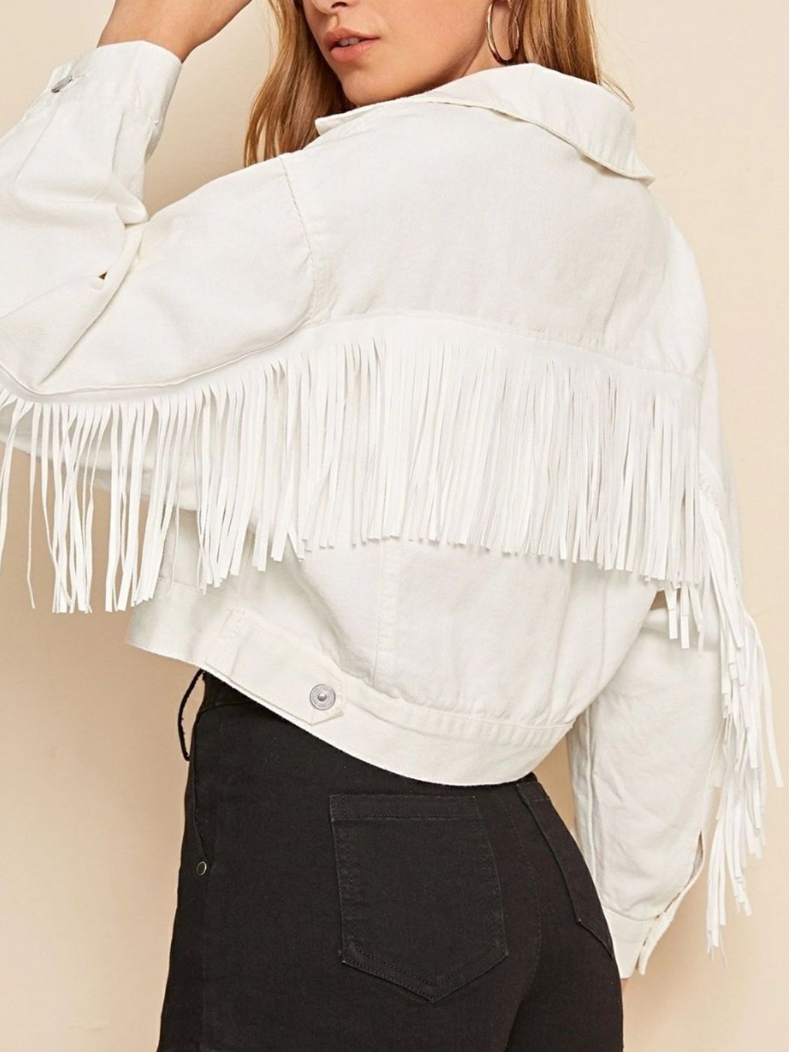 Fringe Detail Collared Neck Long Sleeve Denim Jacket The Stout Steer