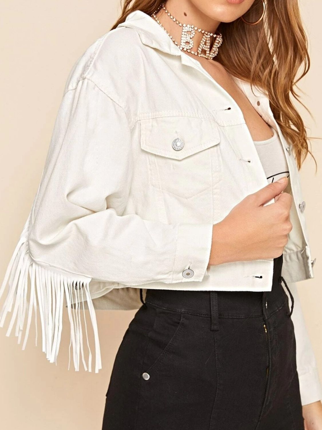 Fringe Detail Collared Neck Long Sleeve Denim Jacket The Stout Steer