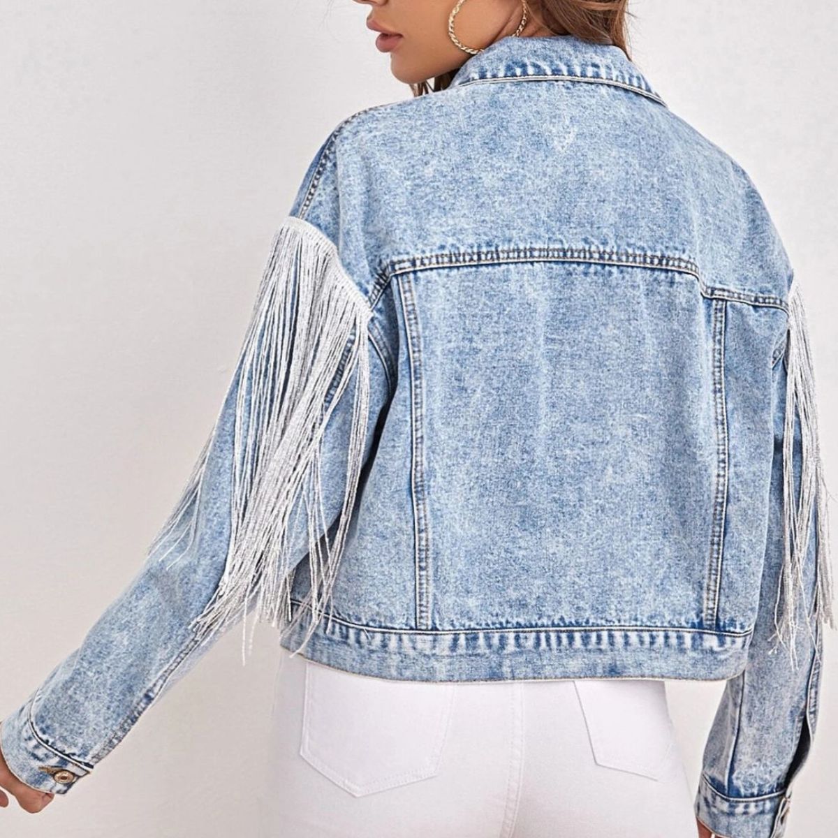 Fringe Detail Collared Neck Long Sleeve Denim Jacket The Stout Steer