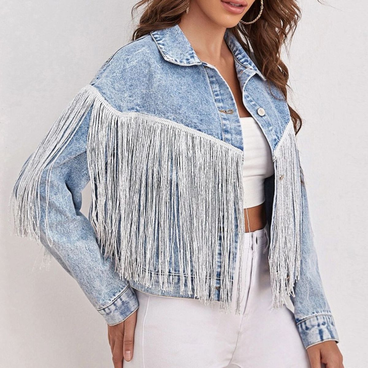 Fringe Detail Collared Neck Long Sleeve Denim Jacket The Stout Steer