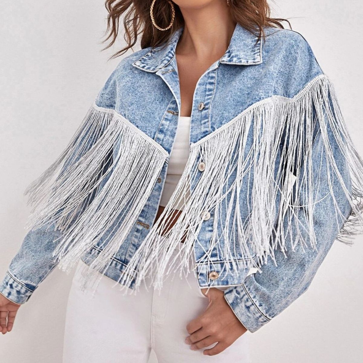 Fringe Detail Collared Neck Long Sleeve Denim Jacket The Stout Steer