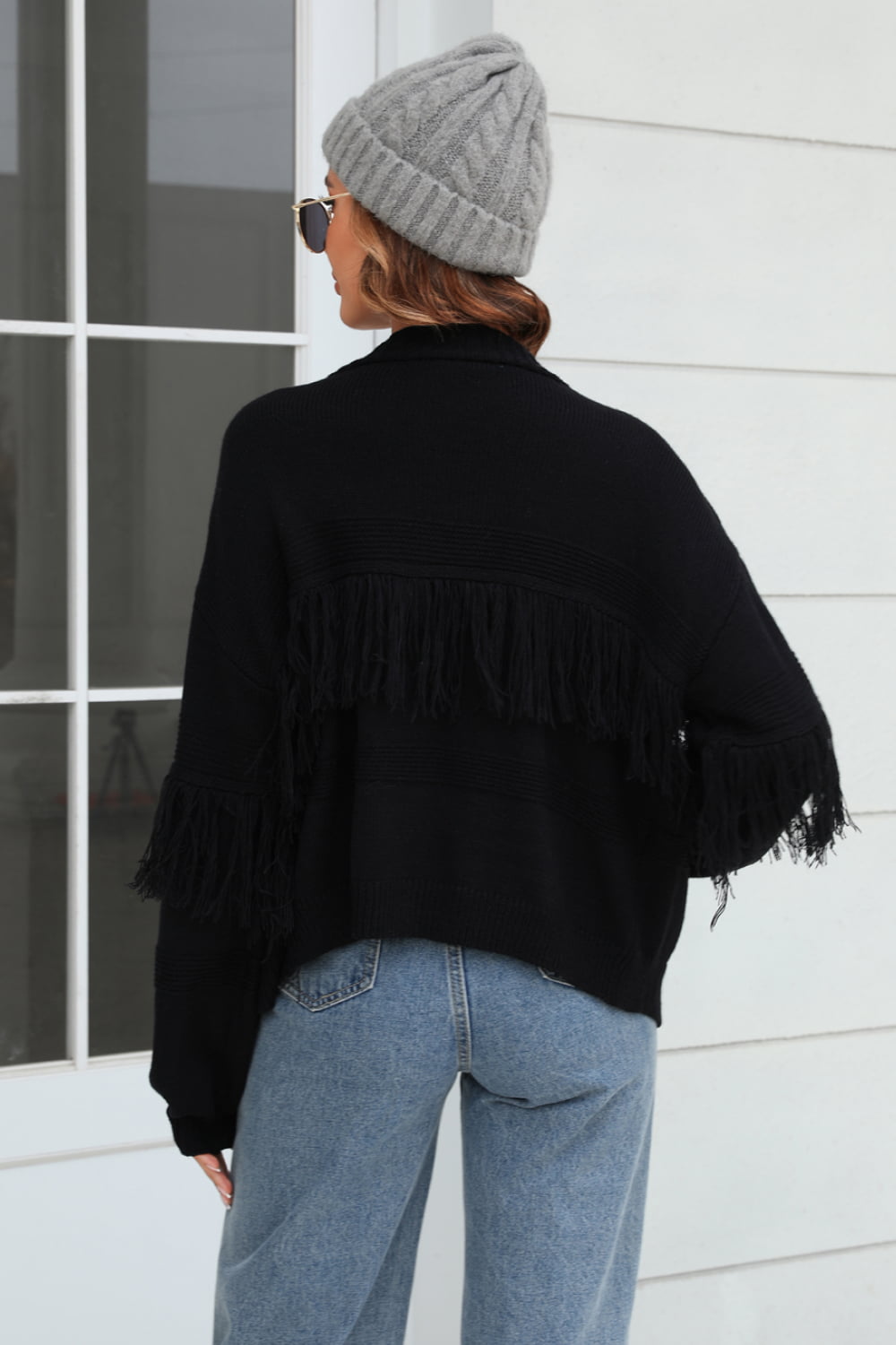 Fringe Trim Open Front Cardigan The Stout Steer