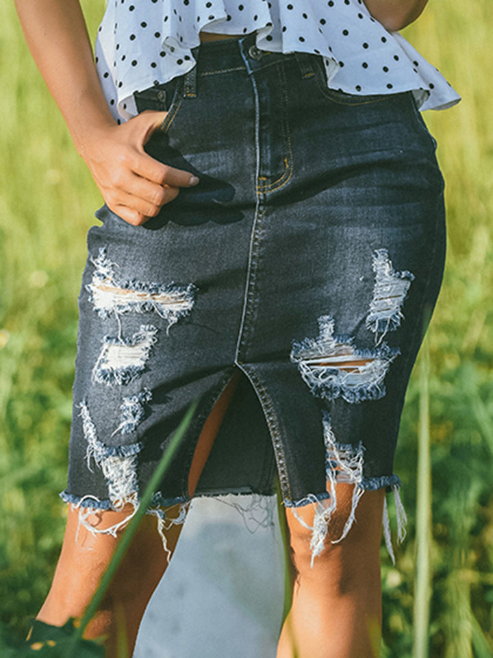 Full Size Distressed Slit Denim Skirt The Stout Steer