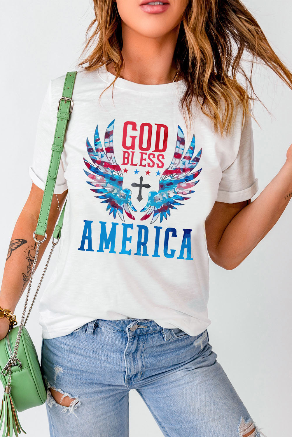 GOD BLESS AMERICA Cuffed Tee Shirt The Stout Steer