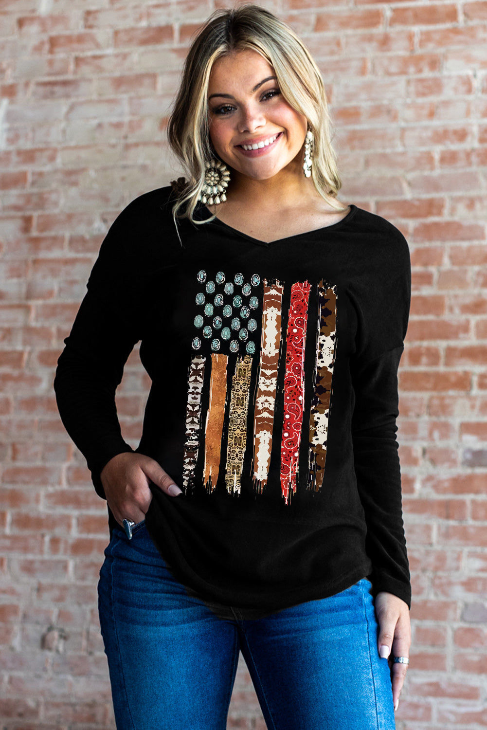 Graphic V-Neck Long Sleeve Top The Stout Steer