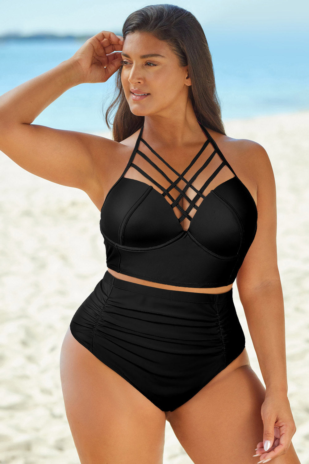 Halter Neck Crisscross Ruched Two-Piece Swimsuit The Stout Steer