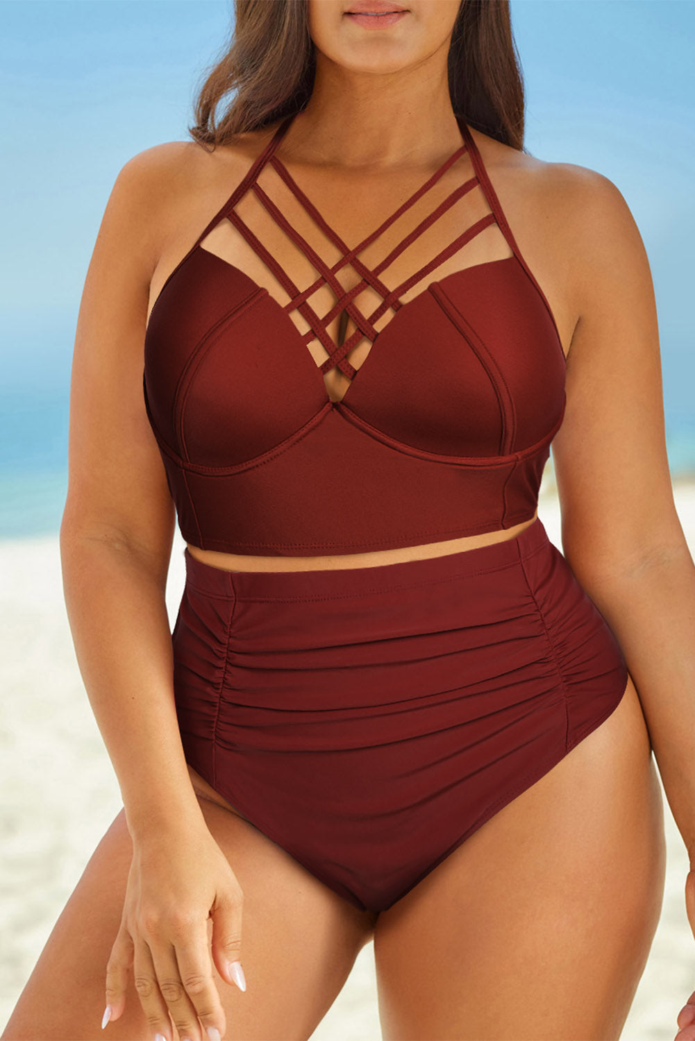 Halter Neck Crisscross Ruched Two-Piece Swimsuit The Stout Steer