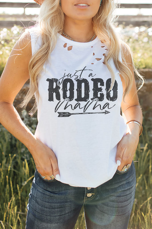 JUST A RODEO MAMA Graphic Distressed Tank The Stout Steer