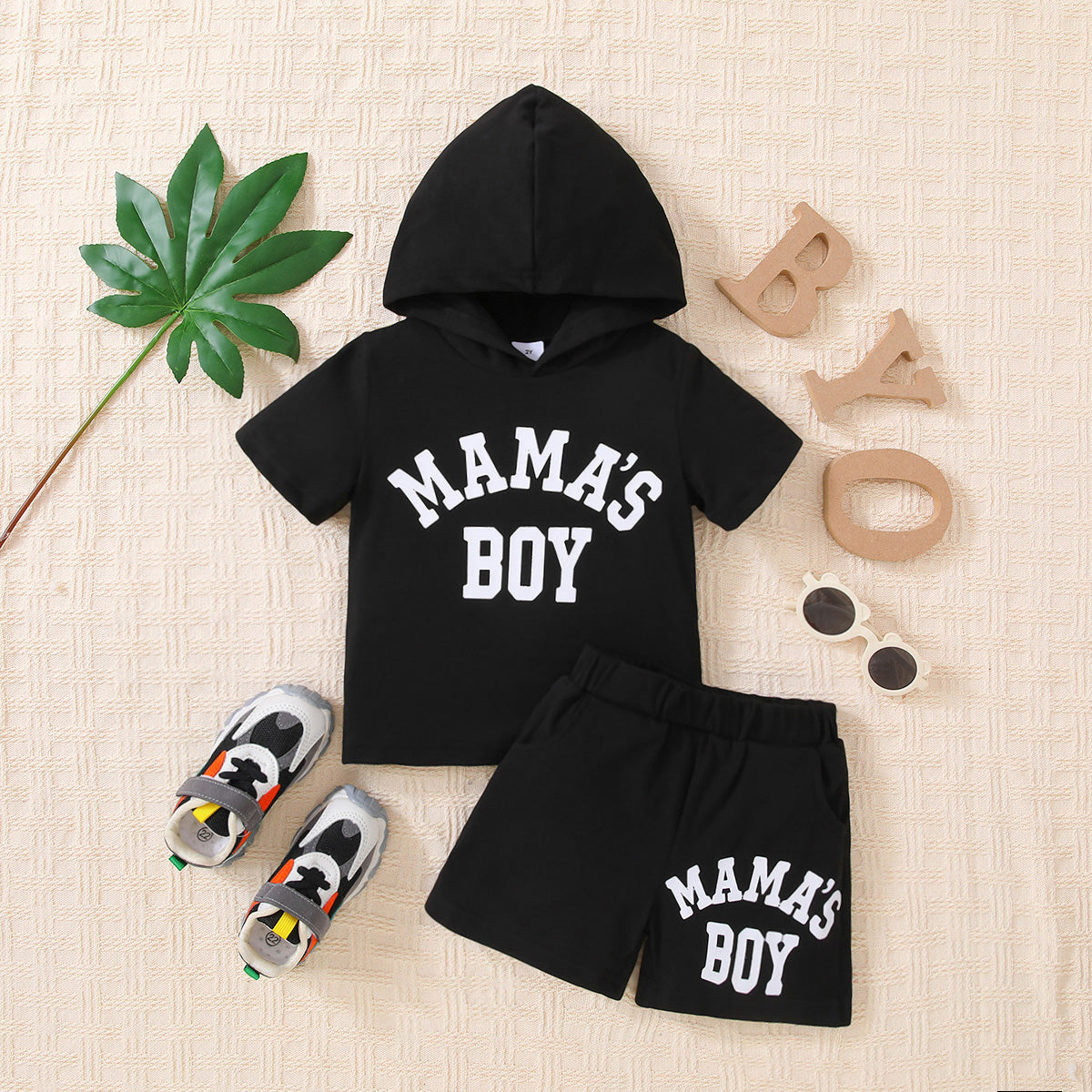 Kids MAMA'S BOY Graphic Short Sleeve Hoodie and Shorts Set The Stout Steer