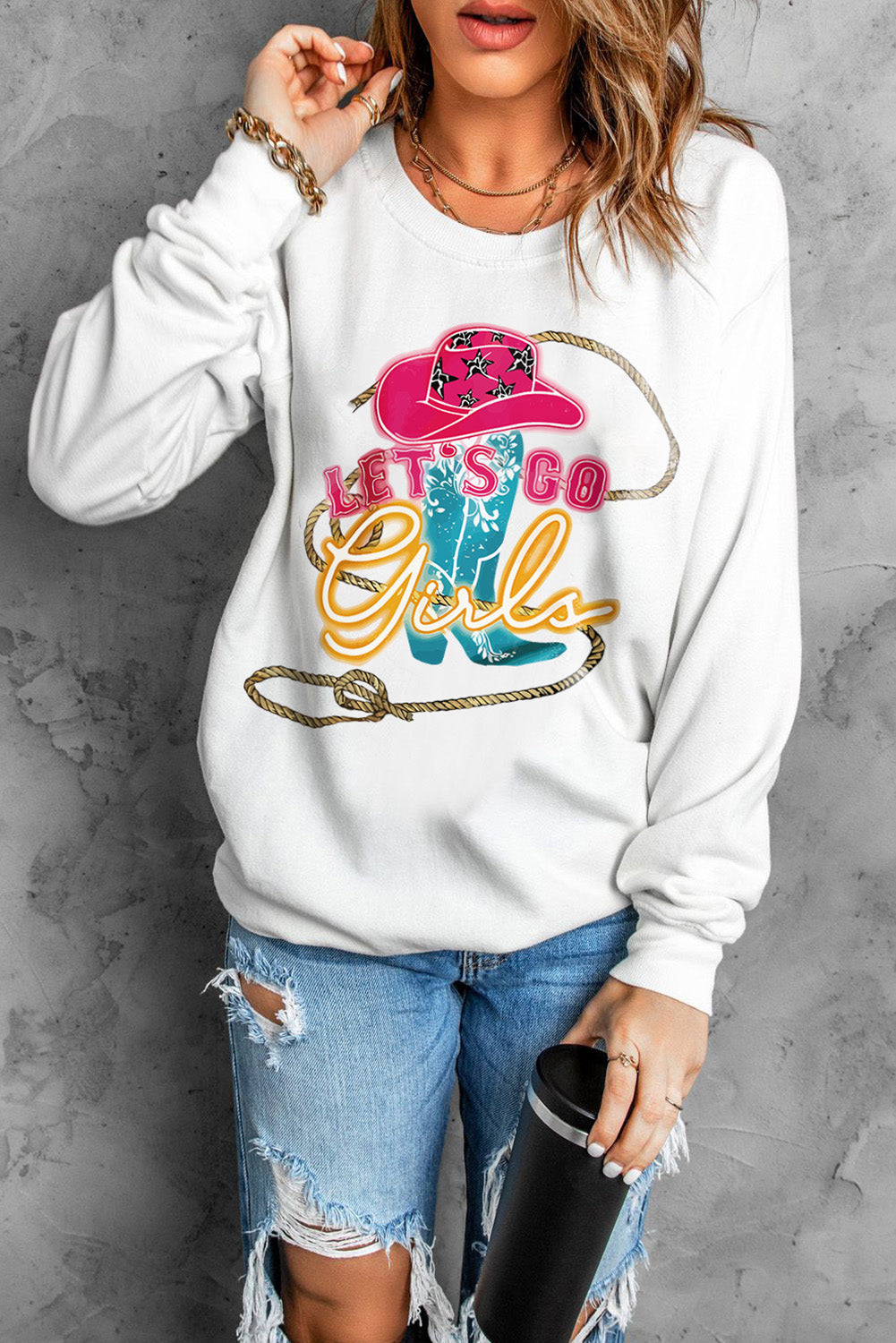 LET'S GO GIRLS Graphic Round Neck Sweatshirt The Stout Steer