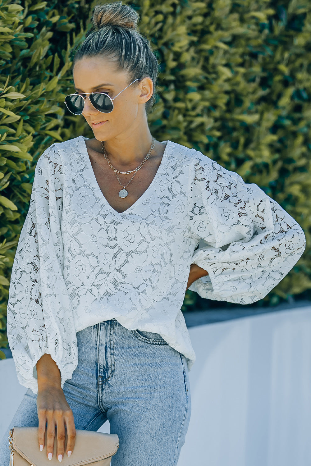 Lace Balloon Sleeve V-Neck Tunic Blouse The Stout Steer