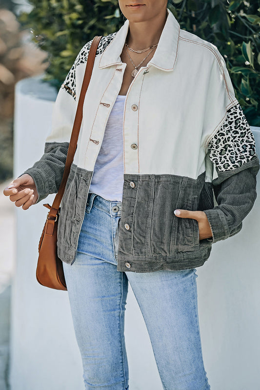Leopard Color Block Button-Up Corduroy Shacket The Stout Steer