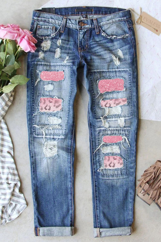 Leopard Patch Distressed Straight Leg Jeans The Stout Steer