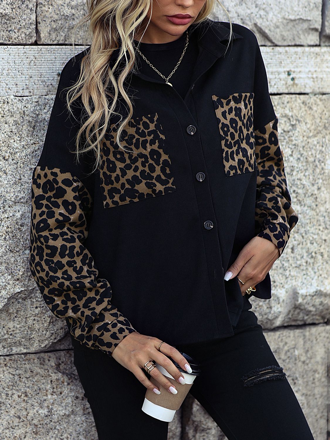 Leopard Print Buttoned Dropped Shoulder Jacket The Stout Steer
