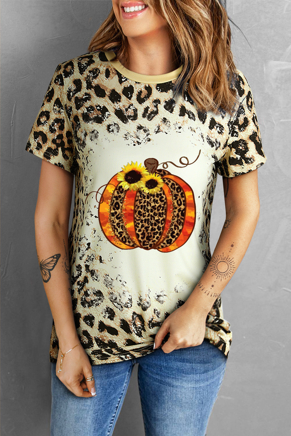 Leopard Pumpkin Graphic Round Neck Tee The Stout Steer