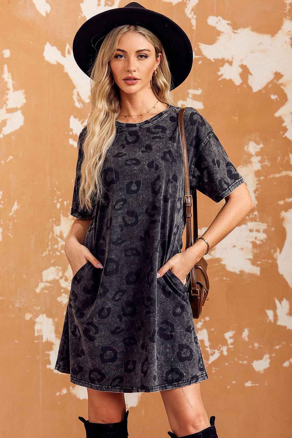 Leopard Round Neck Dropped Shoulder Dress with Pockets The Stout Steer