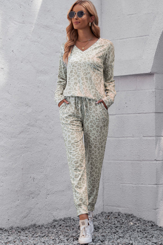 Leopard V-Neck Top and Drawstring Joggers Lounge Set The Stout Steer