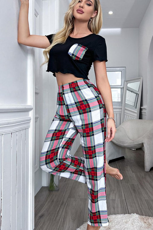 Lettuce Trim Cropped T-Shirt and Plaid Pants Lounge Set The Stout Steer