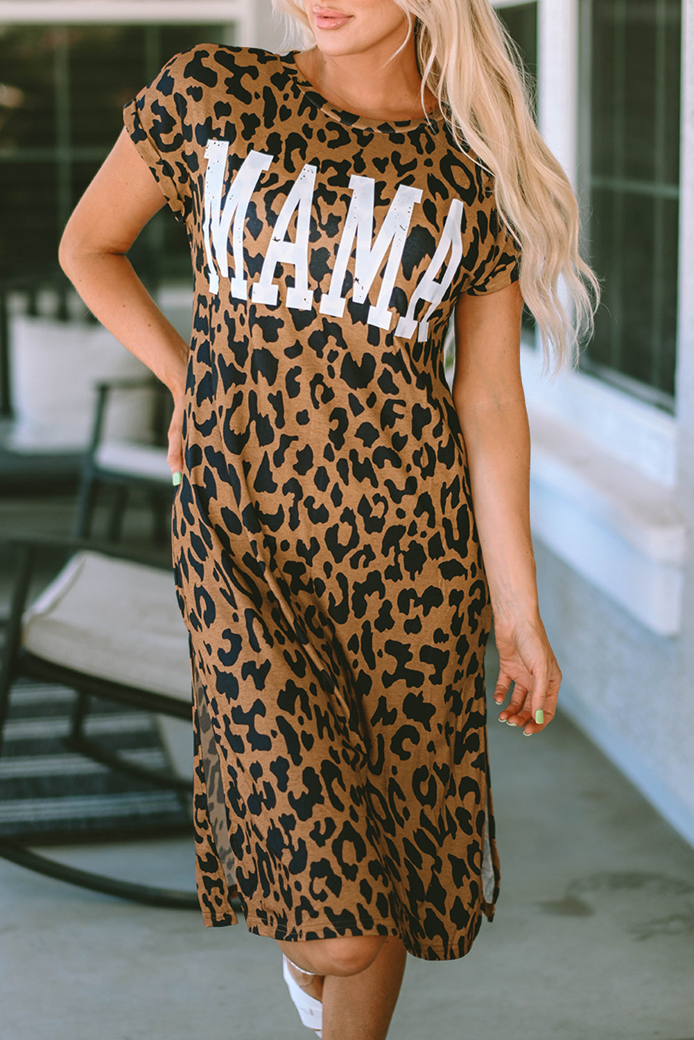 MAMA Leopard Slit Short Sleeve Dress The Stout Steer