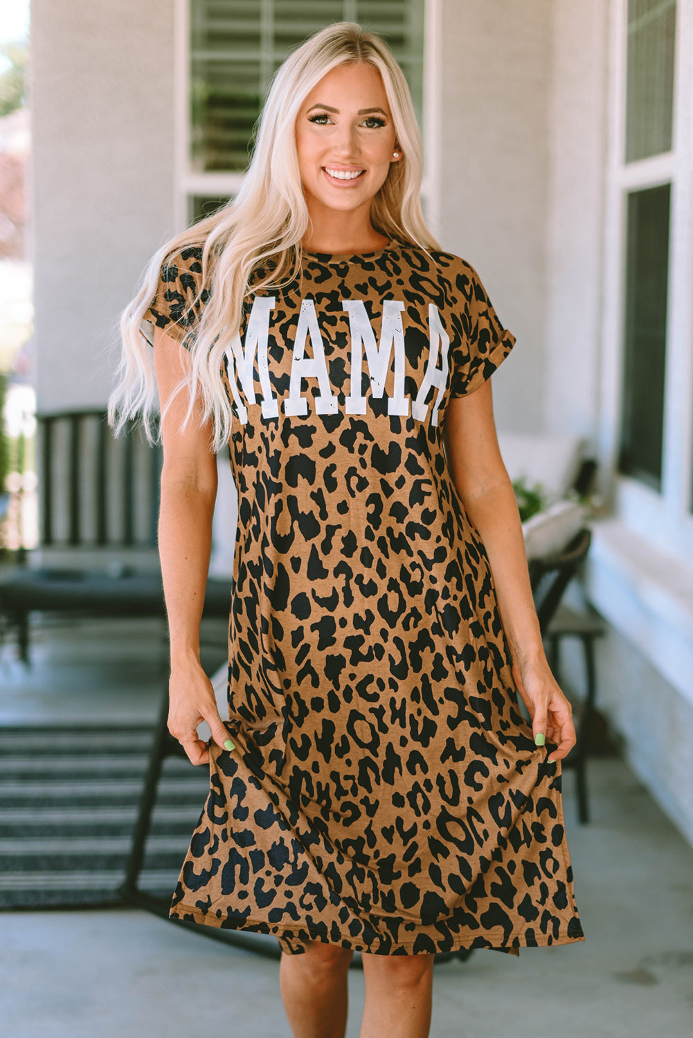 MAMA Leopard Slit Short Sleeve Dress The Stout Steer