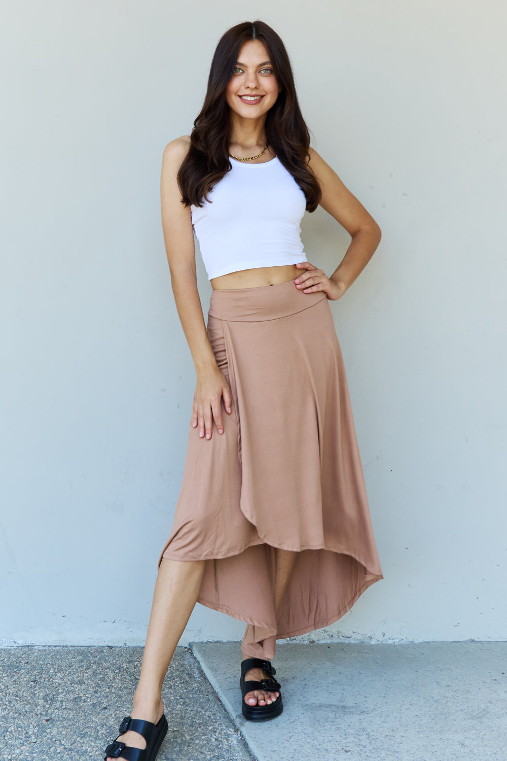 Ninexis First Choice High Waisted Flare Maxi Skirt in Camel The Stout Steer