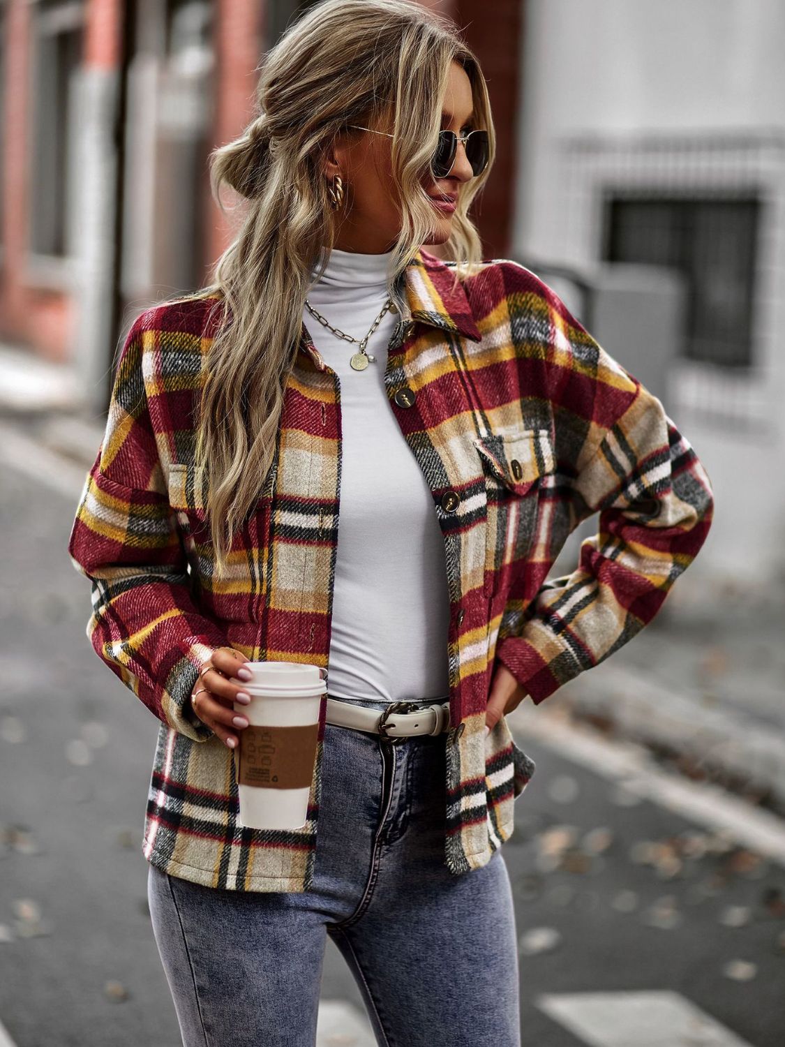 Plaid Button Front Brushed Shacket with Breast Pockets The Stout Steer