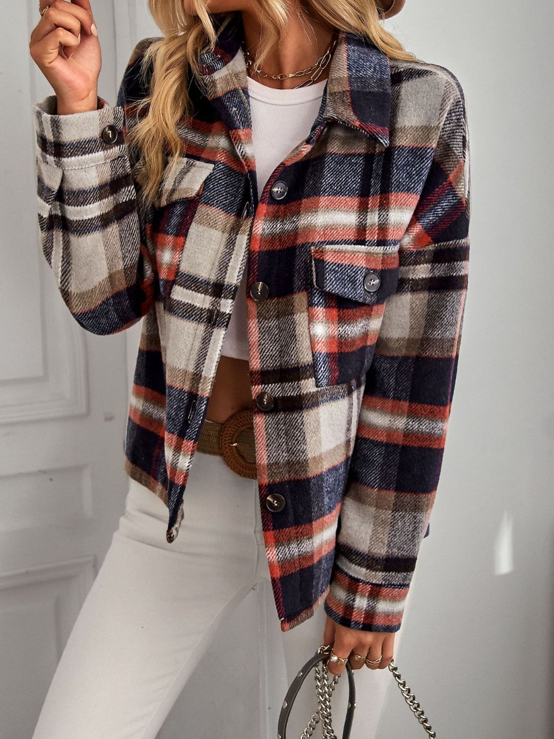 Plaid Button Front Brushed Shacket with Breast Pockets The Stout Steer