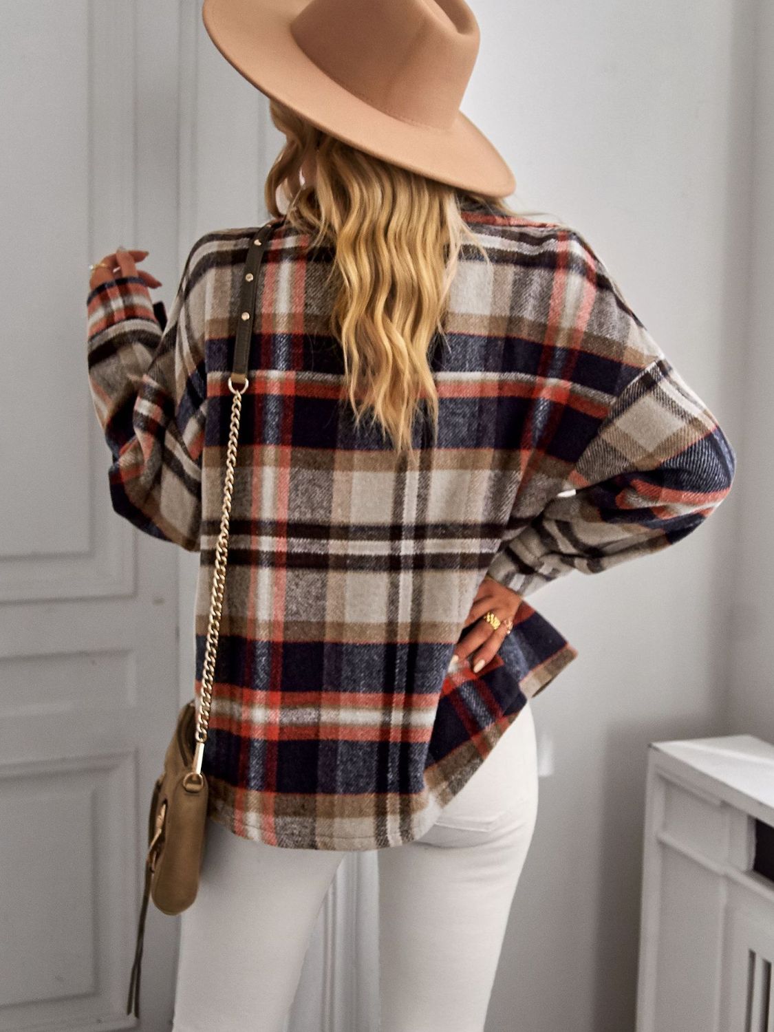 Plaid Button Front Brushed Shacket with Breast Pockets The Stout Steer