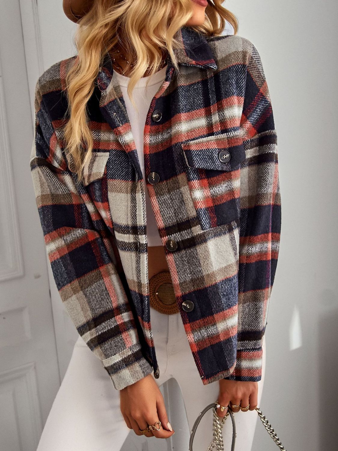 Plaid Button Front Brushed Shacket with Breast Pockets The Stout Steer