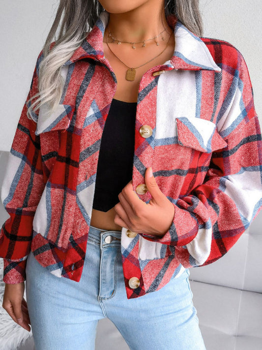 Plaid Collared Neck Drop Shoulder Jacket The Stout Steer