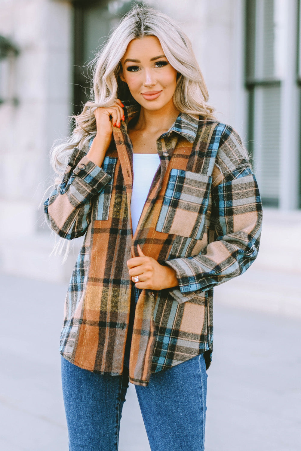 Plaid Curved Hem Shirt Jacket with Breast Pockets The Stout Steer