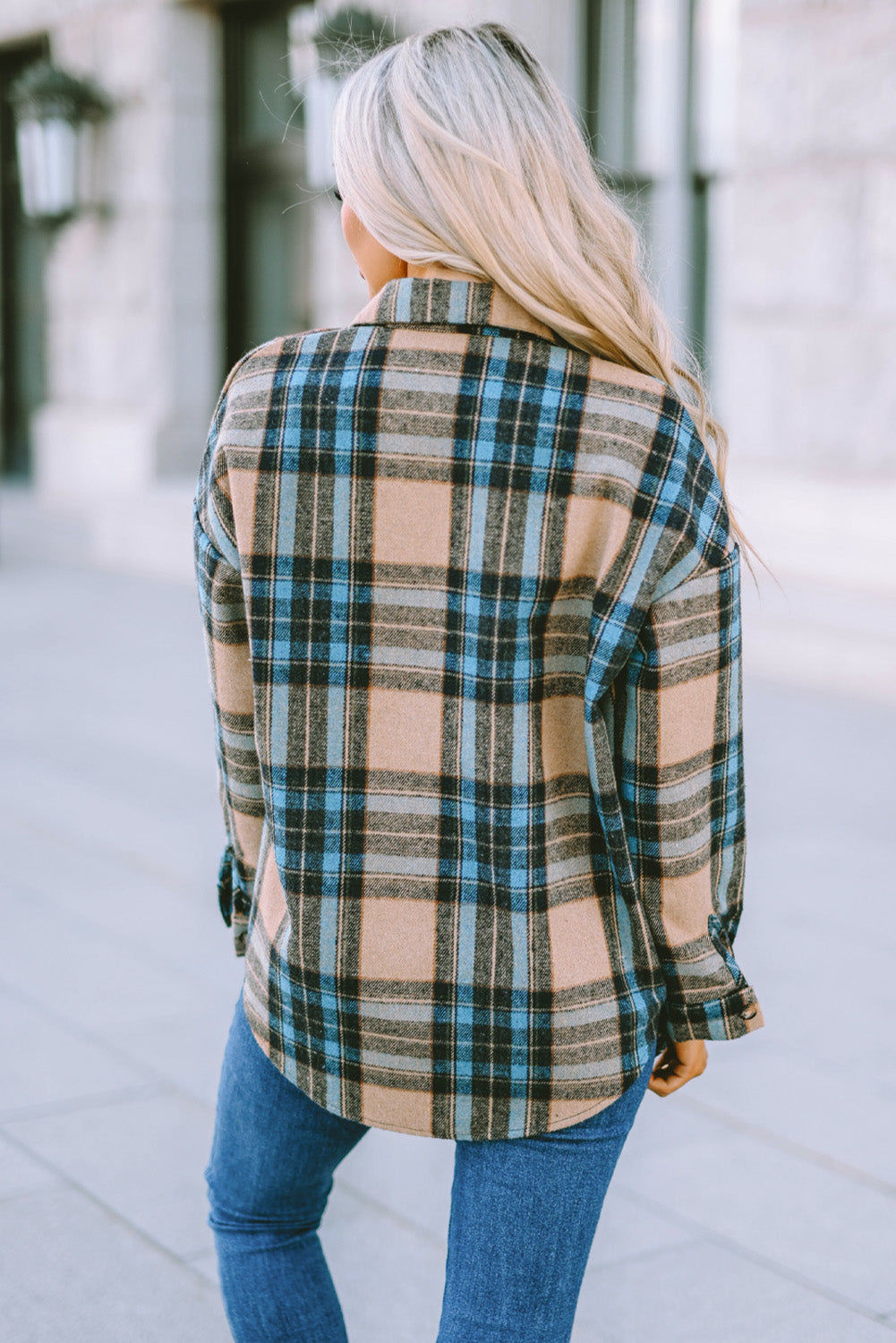 Plaid Curved Hem Shirt Jacket with Breast Pockets The Stout Steer