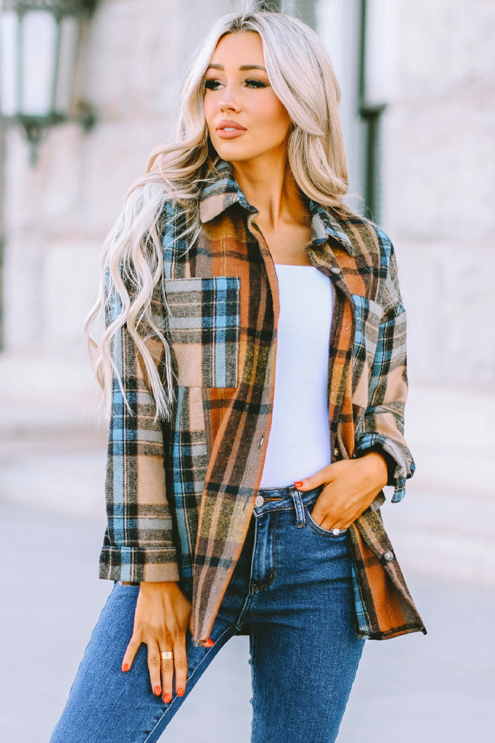 Plaid Curved Hem Shirt Jacket with Breast Pockets The Stout Steer