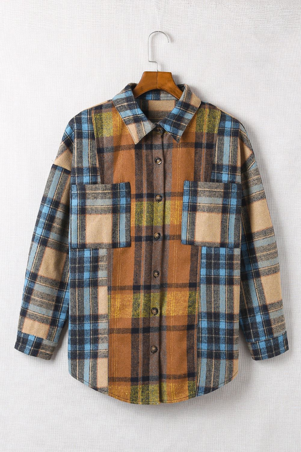 Plaid Curved Hem Shirt Jacket with Breast Pockets The Stout Steer