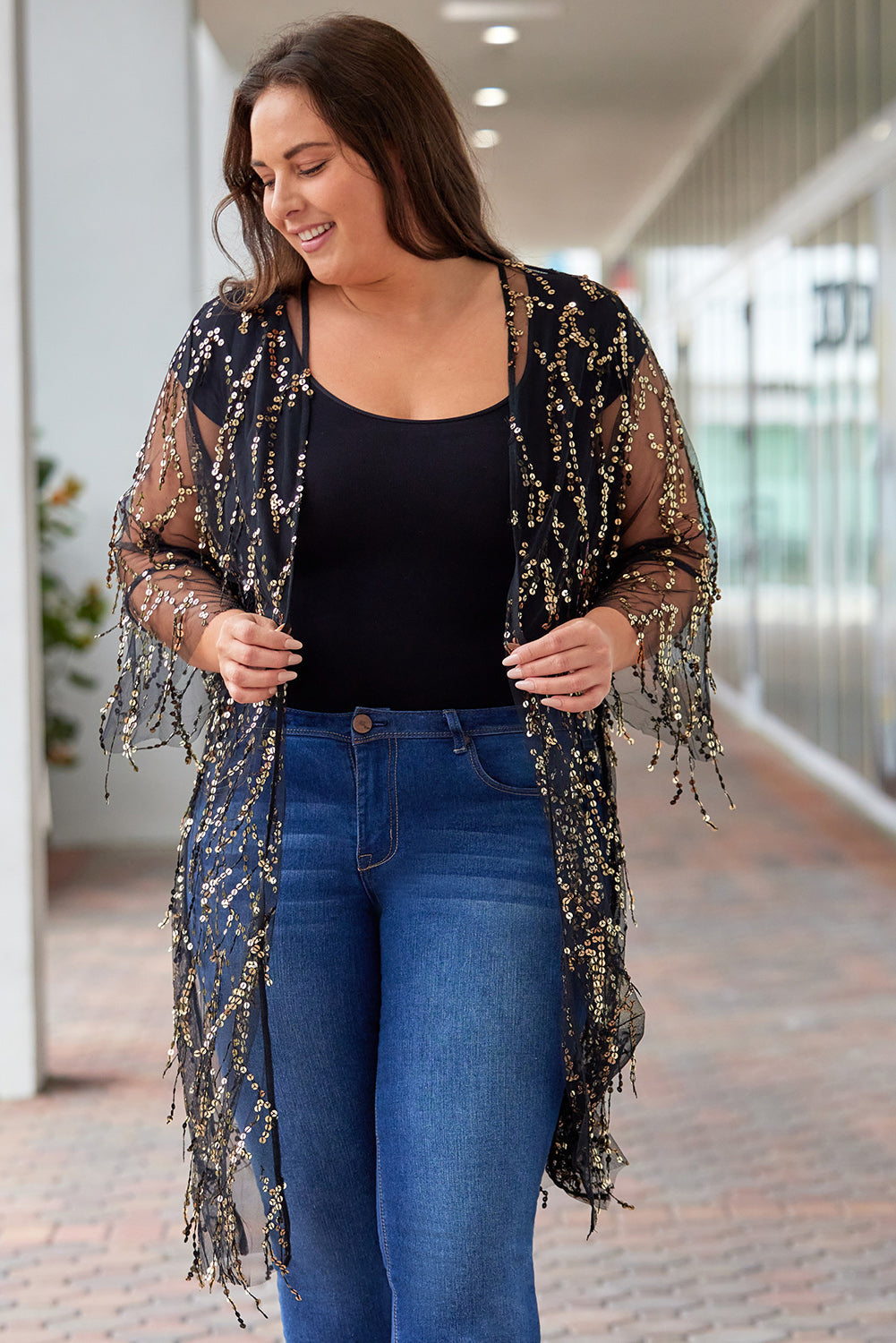 Plus Size Contrast Sequin Sheer Mesh Cardigan The Stout Steer