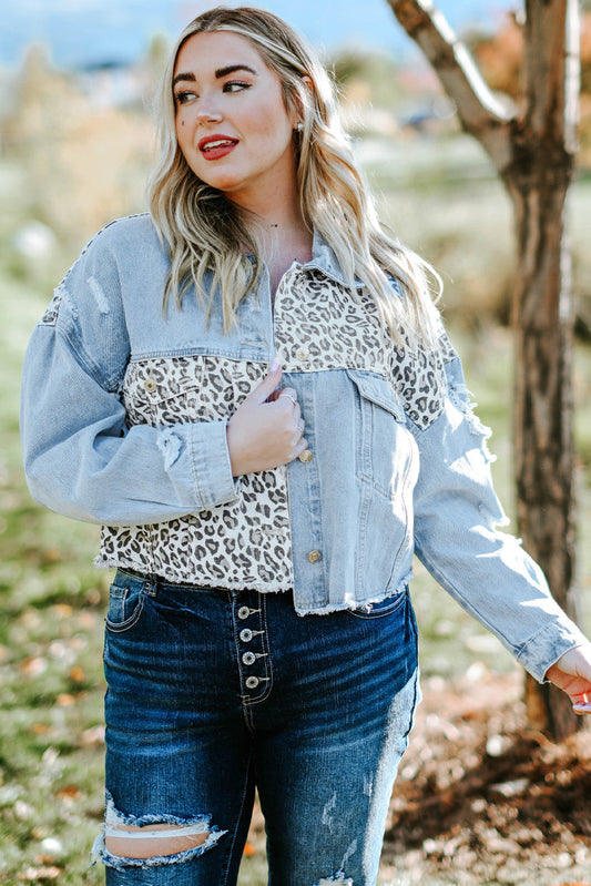 Plus Size Leopard Raw Hem Distressed Spliced Denim Jacket The Stout Steer