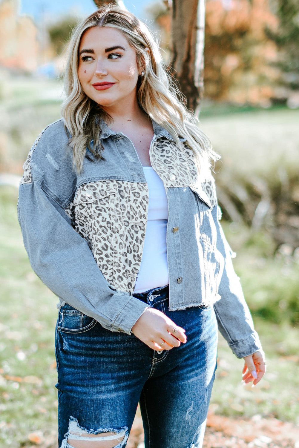 Plus Size Leopard Raw Hem Distressed Spliced Denim Jacket The Stout Steer