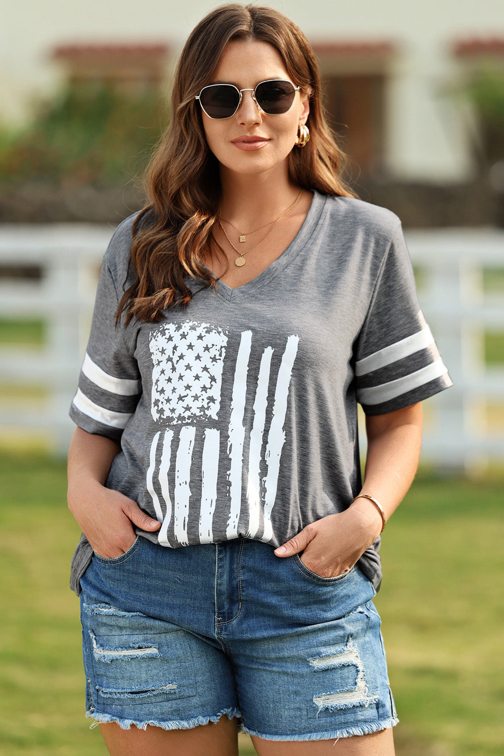 Plus Size US Flag Graphic V-Neck Tee The Stout Steer