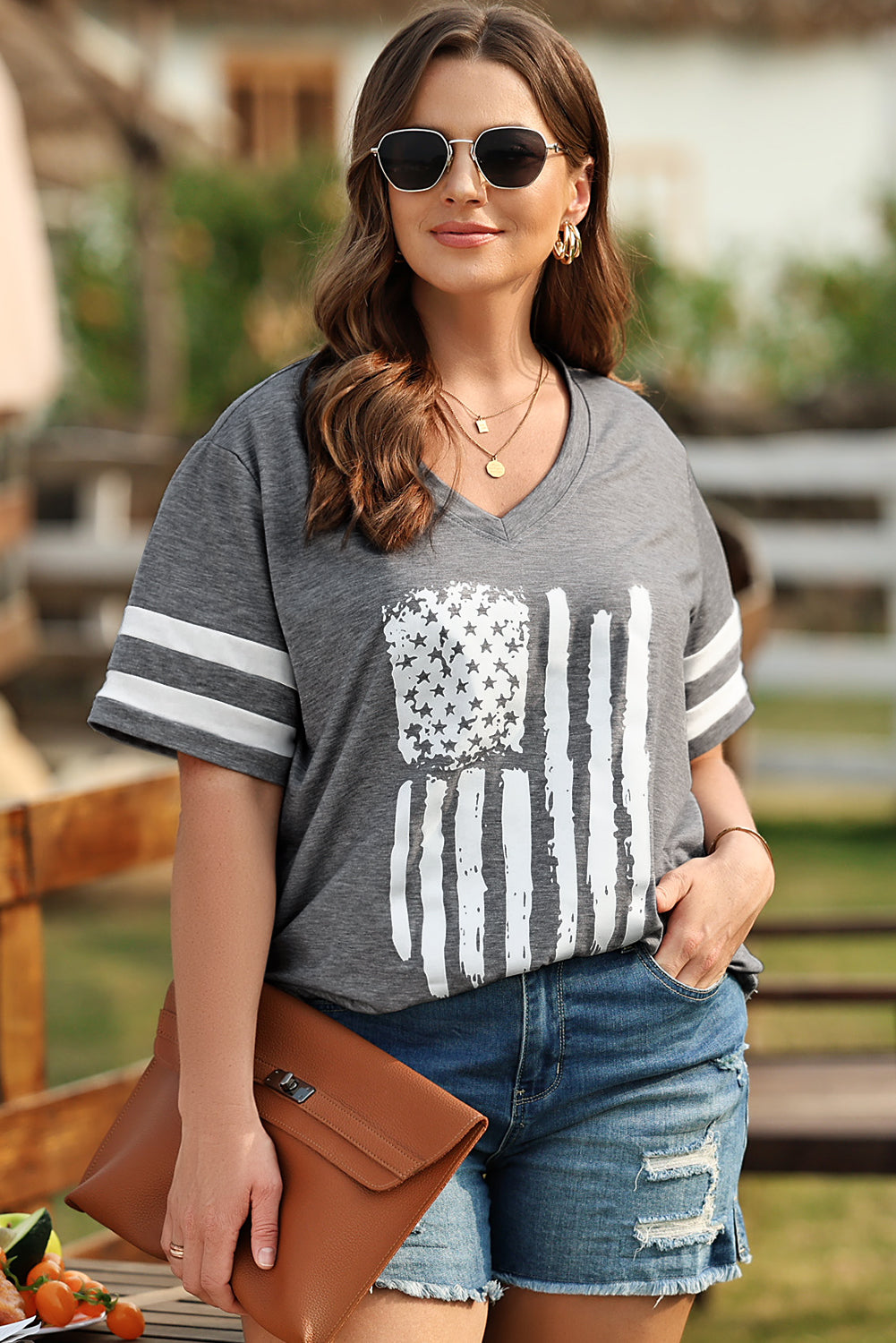 Plus Size US Flag Graphic V-Neck Tee The Stout Steer