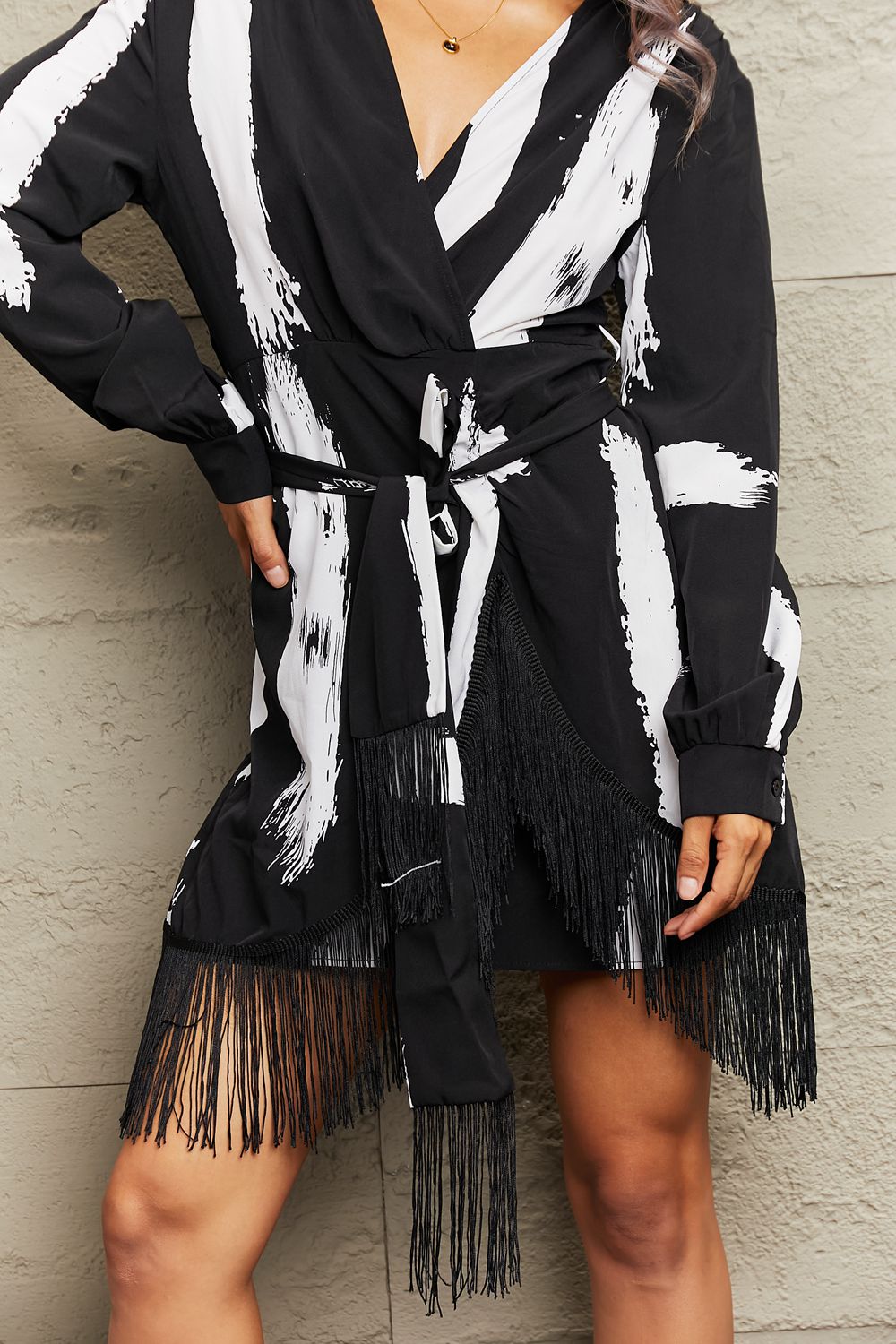 Printed Fringe Detail Surplice Neck Mini Dress The Stout Steer