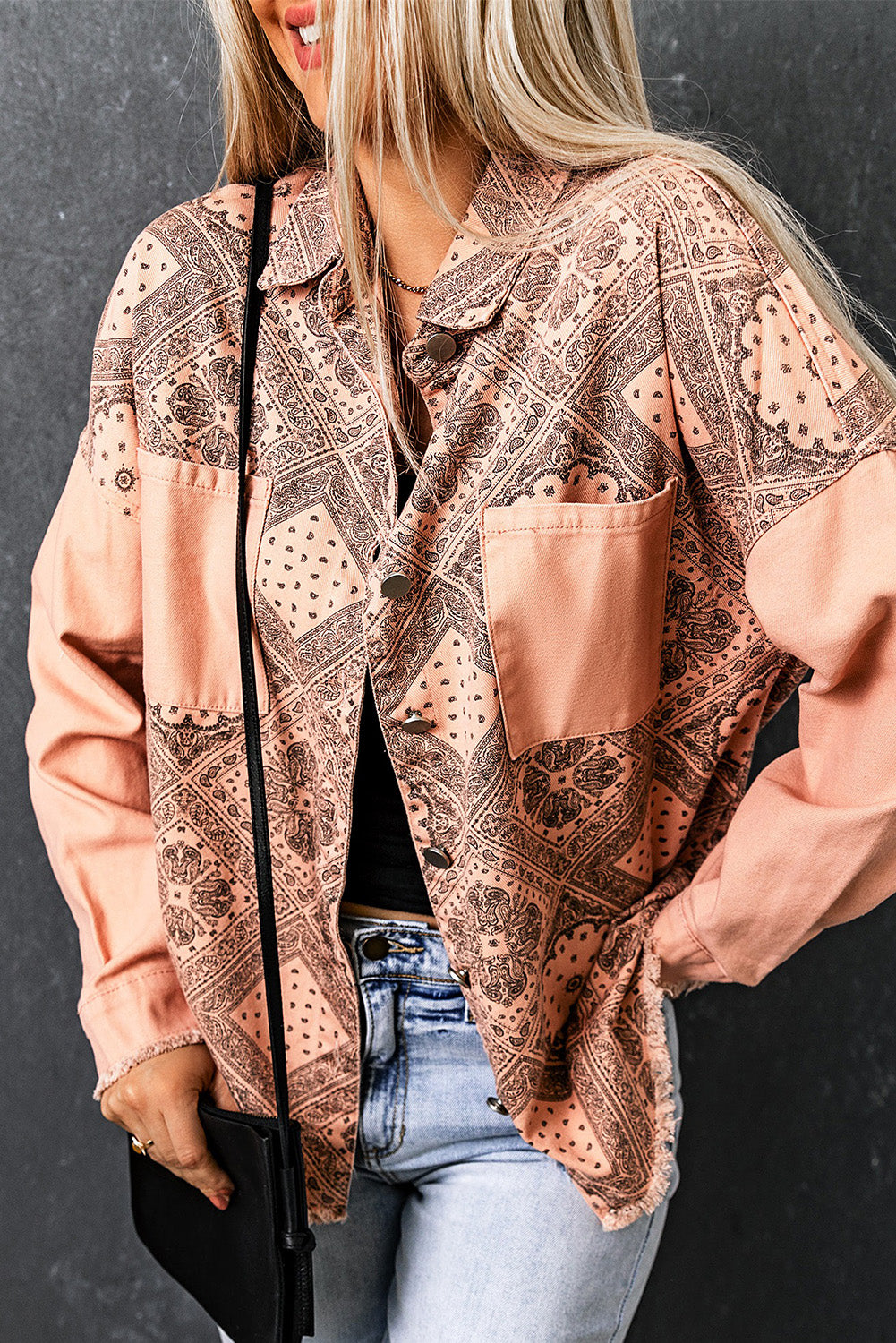 Printed Raw Hem Button Down Jacket with Pockets The Stout Steer