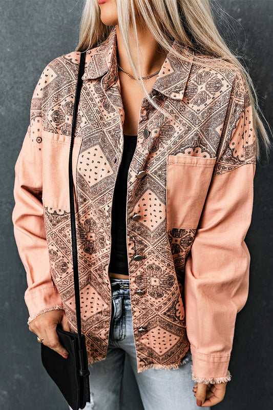 Printed Raw Hem Button Down Jacket with Pockets The Stout Steer