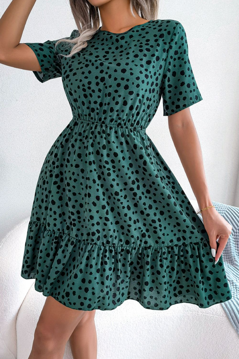 Printed Round Neck Short Sleeve Ruffled Dress The Stout Steer