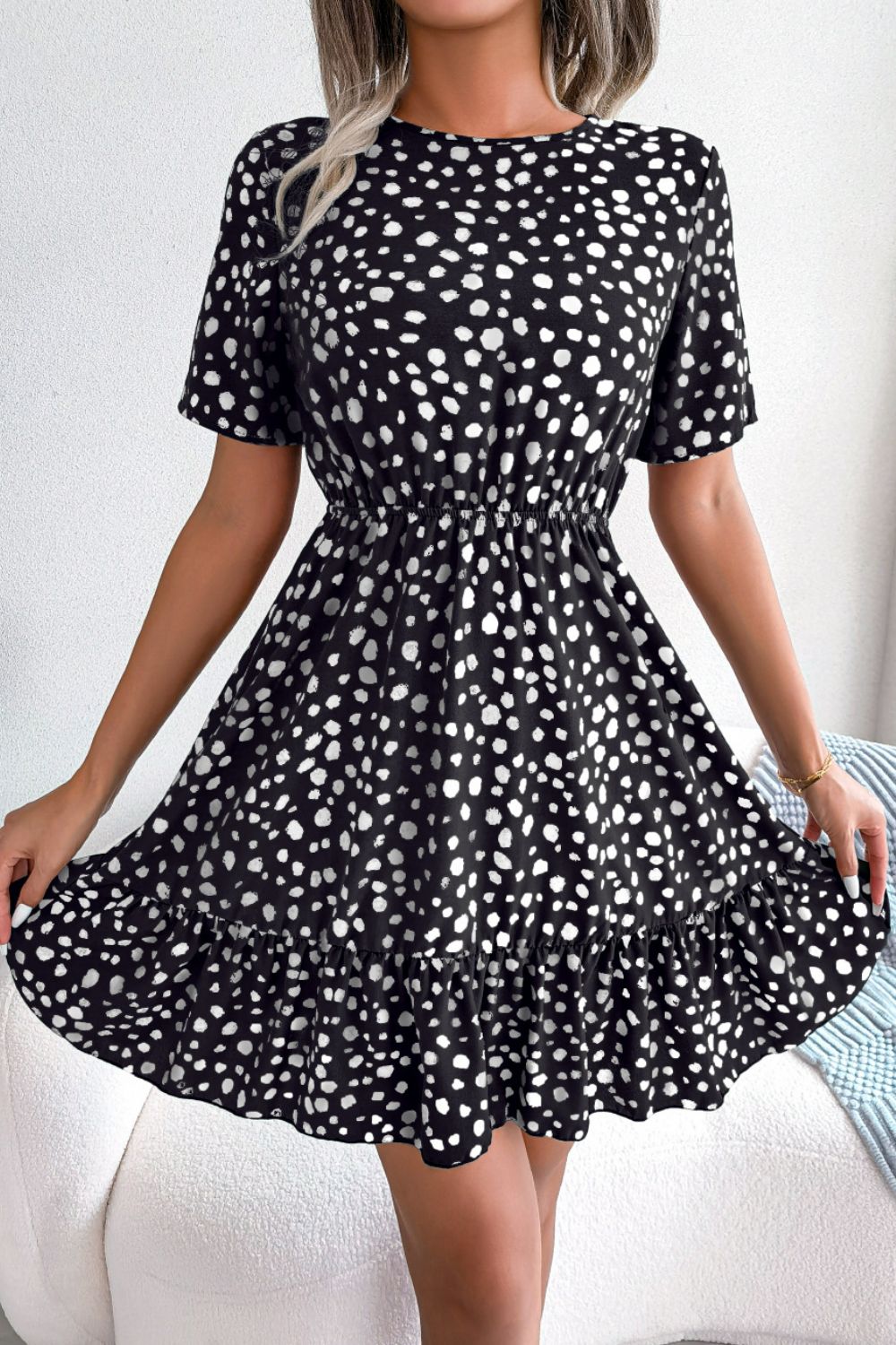 Printed Round Neck Short Sleeve Ruffled Dress The Stout Steer