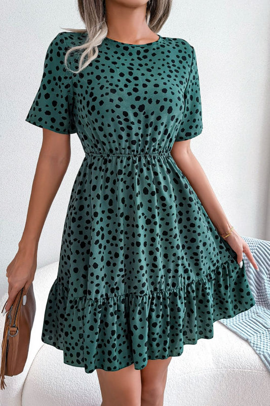 Printed Round Neck Short Sleeve Ruffled Dress The Stout Steer