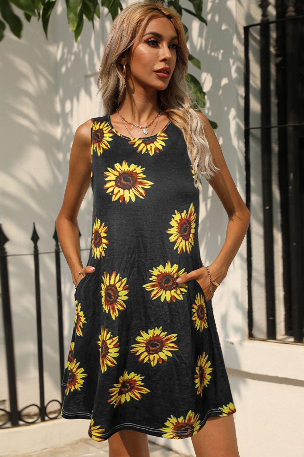 Printed Round Neck Sleeveless Dress with Pockets The Stout Steer