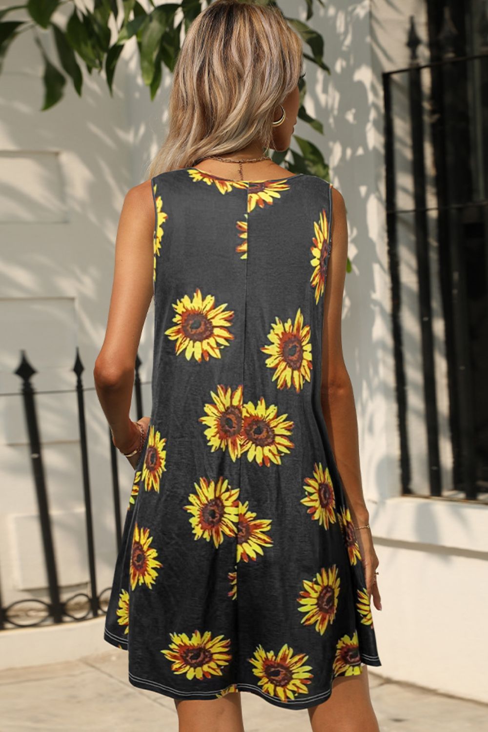 Printed Round Neck Sleeveless Dress with Pockets The Stout Steer